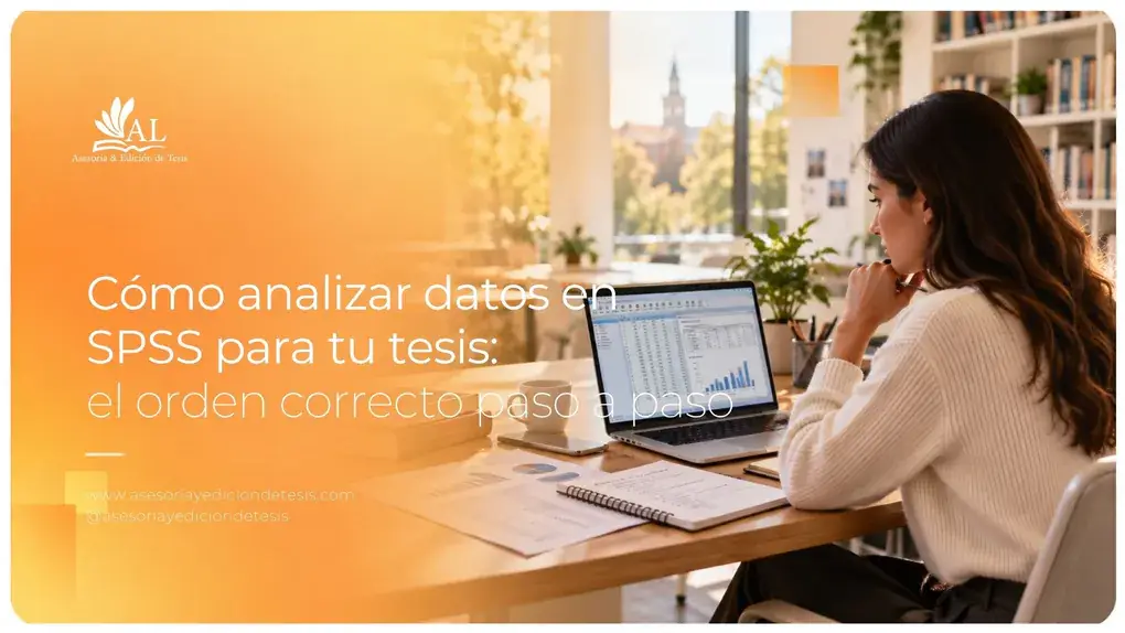 Estudiante analizando datos en SPSS en su laptop para el análisis estadístico de una tesis