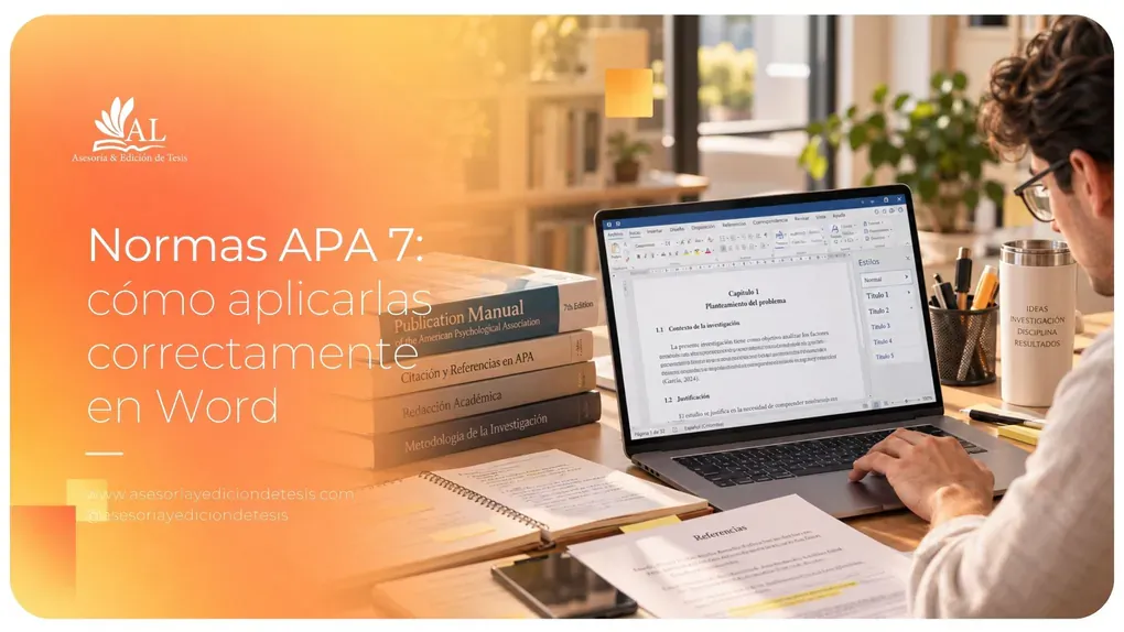 Estudiante aplicando las normas APA 7 en un documento de Word junto a libros