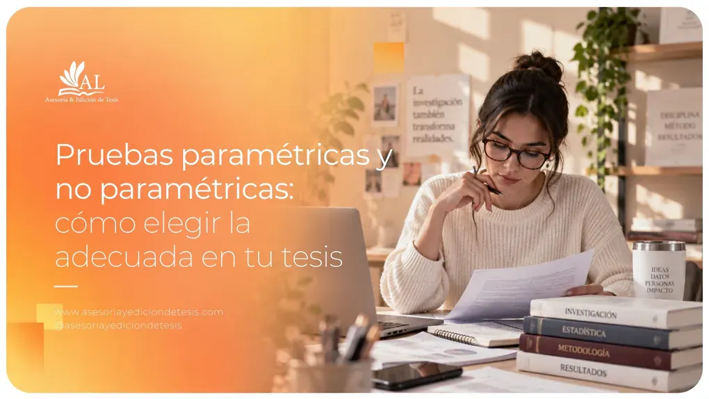 Estudiante revisando datos para elegir entre pruebas paramétricas y no paramétricas en su tesis