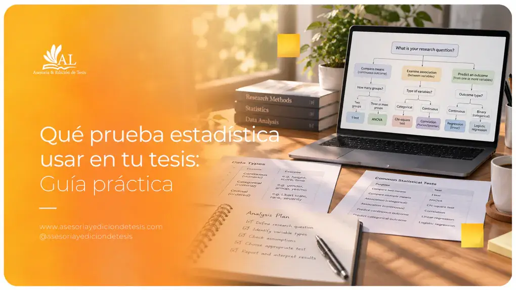 Laptop y libros con una guía para elegir qué prueba estadística usar en tu tesis
