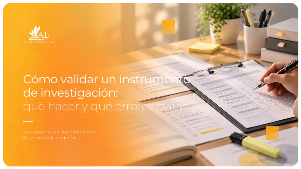 Persona revisando un cuestionario para validar un instrumento de investigación en su tesis